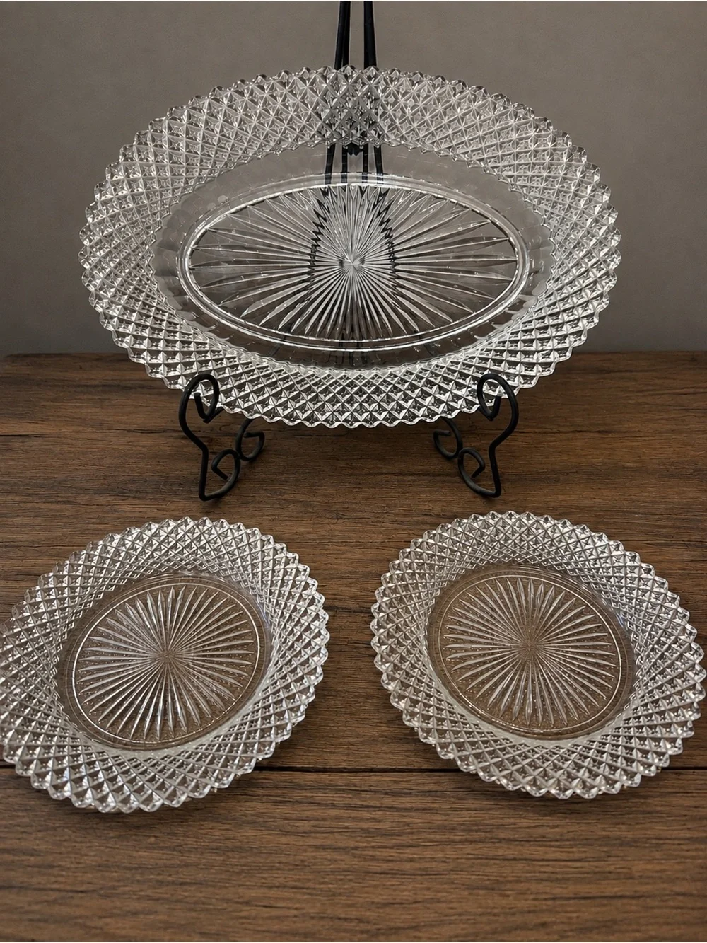 Vintage Clear Pressed Glass Diamond Point Sunburst Serving Set 3 Pieces